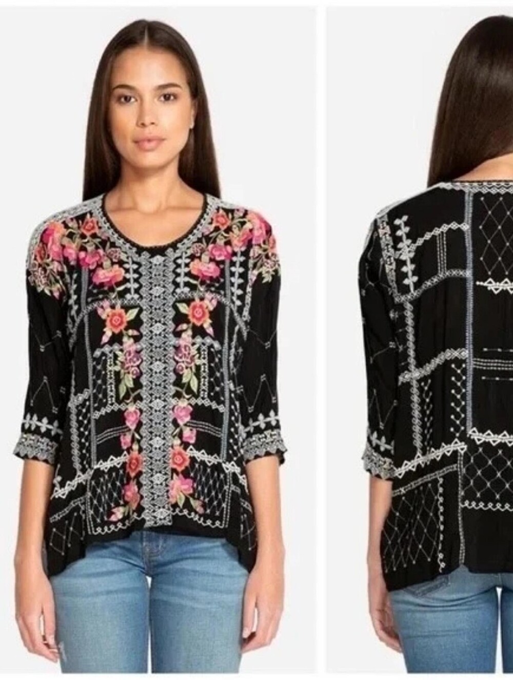 Johnny Was Carnation Floral Embroidered Patchwork Blouse Top Black Pink Relaxed